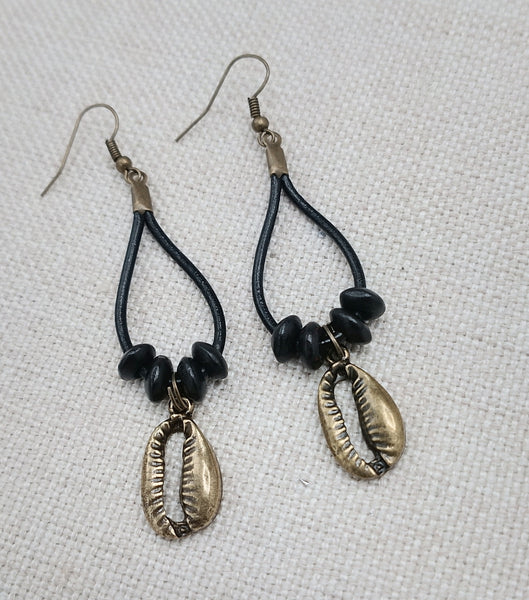 Women Boho Earrings Ethnic Jewelry Black Antique Gold Leather Dangle