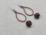 Women Earrings Brown Leather Dangle Beaded Silver Jewelry
