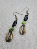Cowrie Earrings Beaded Jewelry Green Brass Dangle Ethnic