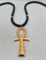 Gold Tone Ankh Necklace Men Jewelry Wire Wrapped Beaded Black Large Gift Idea