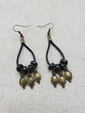 Women Boho Earrings Black Brass Dangle Accents Leather Jewelry