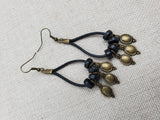 Women Boho Earrings Black Brass Dangle Accents Leather Jewelry