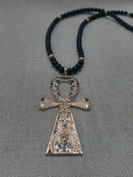 Gold Ankh Men Necklace Large Pendant Beaded Jewelry  Black