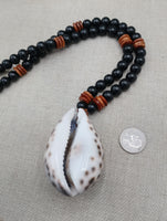Men Necklace Cowrie Shell Jewelry Black Brown Wood Beaded Ethnic Handmade
