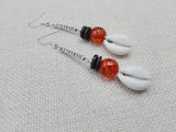 Cowrie Earrings Brown Orange Silver Women Dangle Handmade Beaded