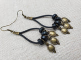 Women Boho Earrings Black Brass Dangle Accents Leather Jewelry