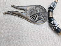 Tribal Necklace Swirl Antique Bronze Black Leather Women's Jewelry Cord Ethnic Large Pendant