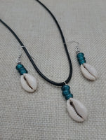 Cowrie Shell Jewelry Set Necklace Earrings Glass Teal Beaded Black Cord Women