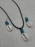 Cowrie Shell Jewelry Set Necklace Earrings Glass Teal Beaded Black Cord Women