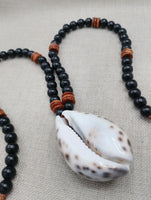 Men Necklace Cowrie Shell Jewelry Black Brown Wood Beaded Ethnic Handmade