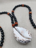 Men Necklace Cowrie Shell Jewelry Black Brown Wood Beaded Ethnic Handmade