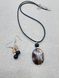 Women Jewelry Set  Agate Beaded Cord Necklace Small Earrings