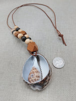 Large Cowrie Shell Necklace Leather Cord Wood Beads Jewelry Men Gift