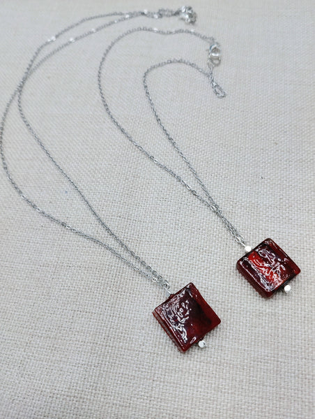 Women Necklace Stainless Steel Chain Amber Red Glass Square Jewelry