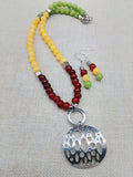 Women Jewelry Set Rasta Earrings Necklace Silver Pendant Beaded Red Yellow Green