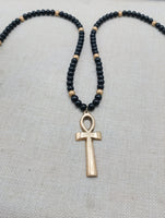 Gold Tone Ankh Pendant Black Beaded Necklace Unisex Jewelry Egyptian Ethnic