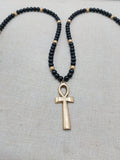 Gold Tone Ankh Pendant Black Beaded Necklace Unisex Jewelry Egyptian Ethnic
