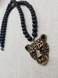 Men Necklace Panther Cheetah Beaded Jewelry Black Antique Gold Gift Idea