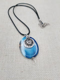 Blue Agate Stone Necklace Women Silver Pendant Black Cord Jewelry