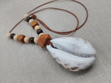 Large Cowrie Shell Necklace Leather Cord Wood Beads Jewelry Men Gift