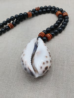 Men Necklace Cowrie Shell Jewelry Black Brown Wood Beaded Ethnic Handmade