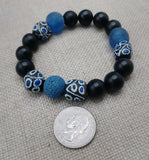 Black Blue Beaded Bracelet Ethnic Handmade Unisex Jewelry Size 7