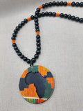 African Kente Necklace Pendant Black Orange Beaded Original Jewelry Handmade Statement Gift Idea Men Women