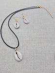 Women Cowrie Jewelry Set Necklace Earrings Black Cord Gold Tone Small Ethnic Statement