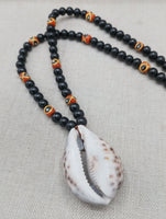 Men Necklace African Cowrie Shell Jewelry Black Beaded Orange Krobo Handmade Gift Ideas