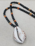 Men Necklace African Cowrie Shell Jewelry Black Beaded Orange Krobo Handmade Gift Ideas