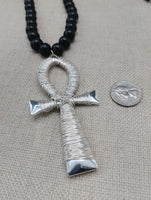 Silver Ankh Wire Wrapped Large Men Necklace Jewelry Black Beaded Statement