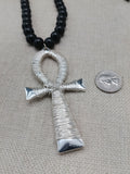 Silver Ankh Wire Wrapped Large Men Necklace Jewelry Black Beaded Statement