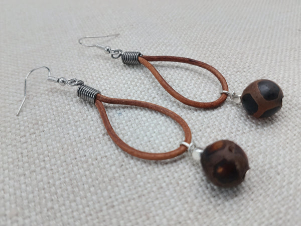 Women Earrings Brown Leather Dangle Beaded Silver Jewelry