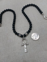 Silver Ankh Pendant Necklace Black Beaded Egyptian Ethnic Jewelry Unisex