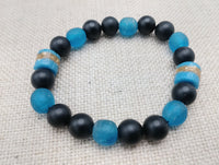 Blue Bracelet Black Beaded Glass Ethnic African Krobo Stone Unisex Jewelry Stretch Size 7