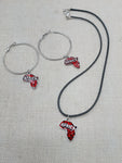 Africa Jewelry Set Red Silver Necklace Earrings Hoop Dangle Black Cord Women Gift