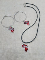 Africa Jewelry Set Red Silver Necklace Earrings Hoop Dangle Black Cord Women Gift