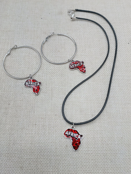 Africa Jewelry Set Red Silver Necklace Earrings Hoop Dangle Black Cord Women Gift
