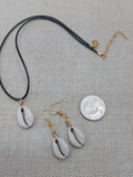 Women Cowrie Jewelry Set Necklace Earrings Black Cord Gold Tone Small Ethnic Statement