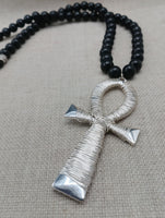 Silver Ankh Wire Wrapped Large Men Necklace Jewelry Black Beaded Statement