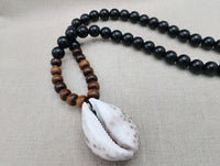 African Cowrie Shell Pendant Black Brown Beaded Jewelry Men Ethnic Gift Ideas