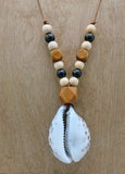 Large Cowrie Shell Necklace Leather Cord Wood Beads Jewelry Men Gift