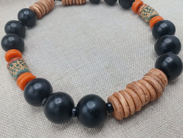 Large Beaded Necklace Wooden Orange Black Jewelry Fashion Statement Unisex