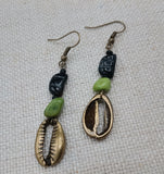Cowrie Earrings Beaded Jewelry Green Brass Dangle Ethnic