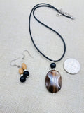 Women Jewelry Set  Agate Beaded Cord Necklace Small Earrings