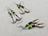 Small Women Jamaica Earrings Green Yellow Black Beaded Dangle Cowrie Jewelry
