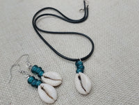 Cowrie Shell Jewelry Set Necklace Earrings Glass Teal Beaded Black Cord Women