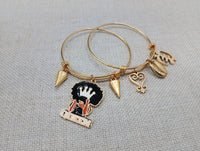 Black Women Bangle Charm Bracelet Queen Jewelry Set of 2 Sankofa Cowrie Gye Nyame Stainless Steel