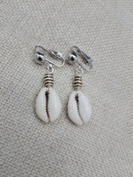 Cowrie Clip On Earrings Silver Women Jewelry Handmade Dangle