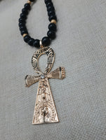 Gold Tone Ankh Pendant Necklace Black Beaded Jewelry Men Ethnic Egyptian